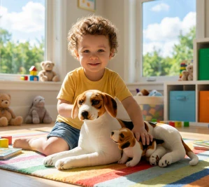 Plyšový pes Bígl se štěnětem 64cm