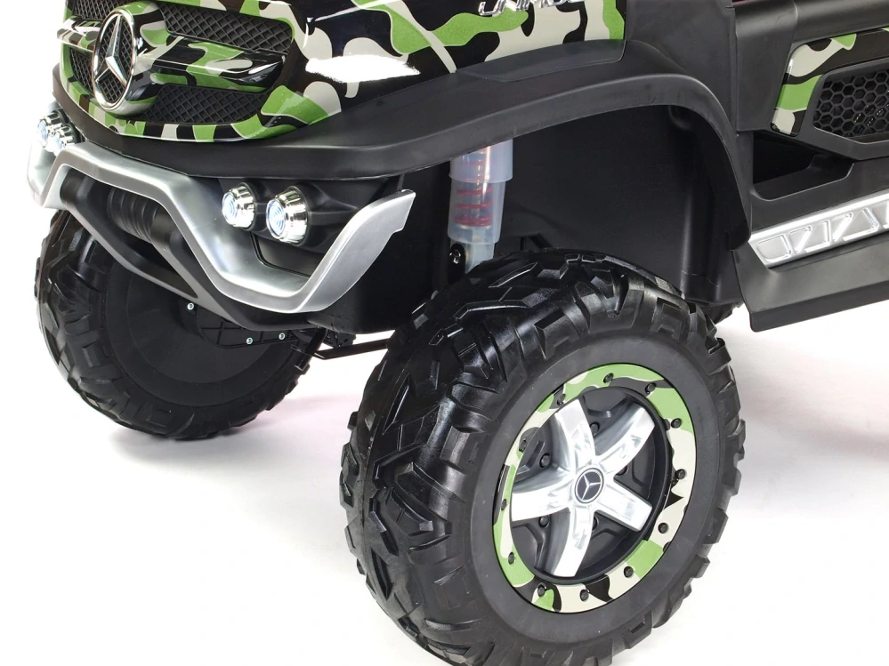 Dětský elektrický Mercedes Benz Unimog dvoumístný - maskáč polymer.potah - II.jakost